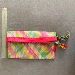 Cleobella Straw Clutch Purse with Wristlet and Tassels, Multicolored
